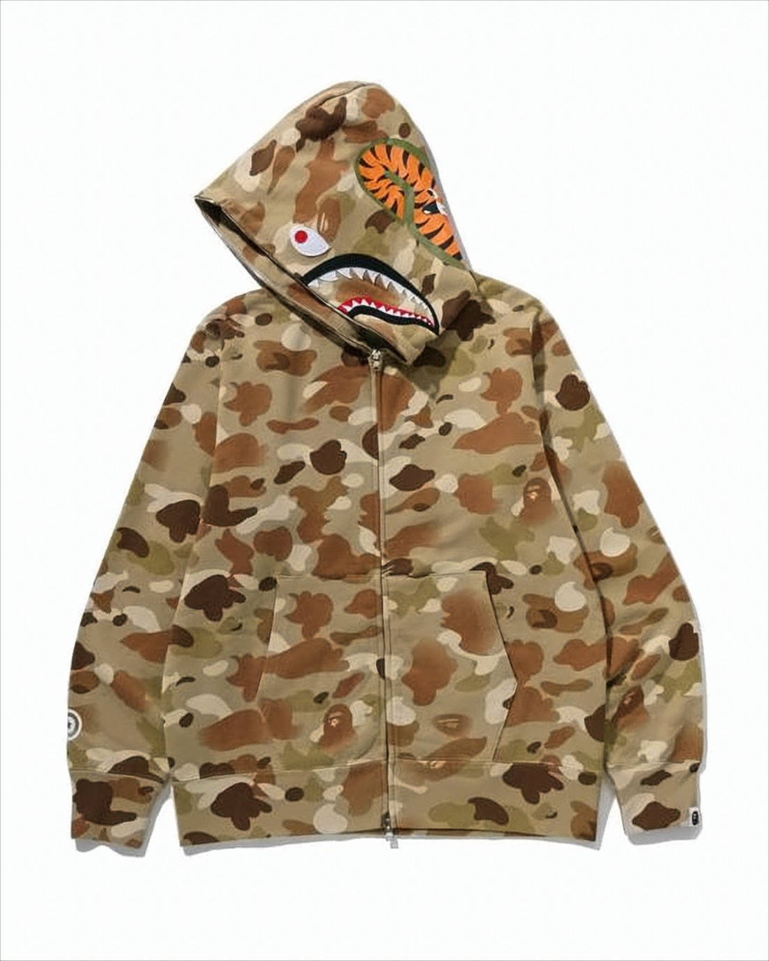 Camouflage Zip-Up Hoodie with Vibrant Shark Embroidery