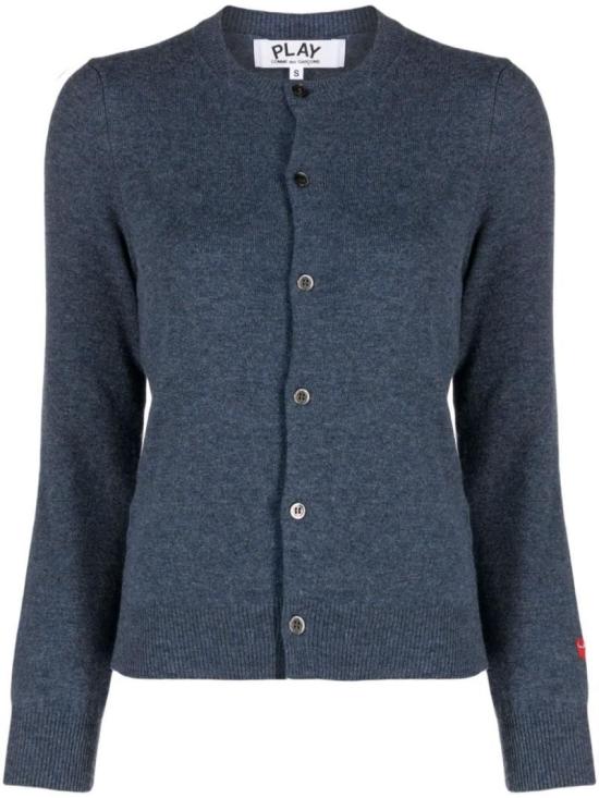 Round Neck Blue Wool Cardigan With Button-Down Front