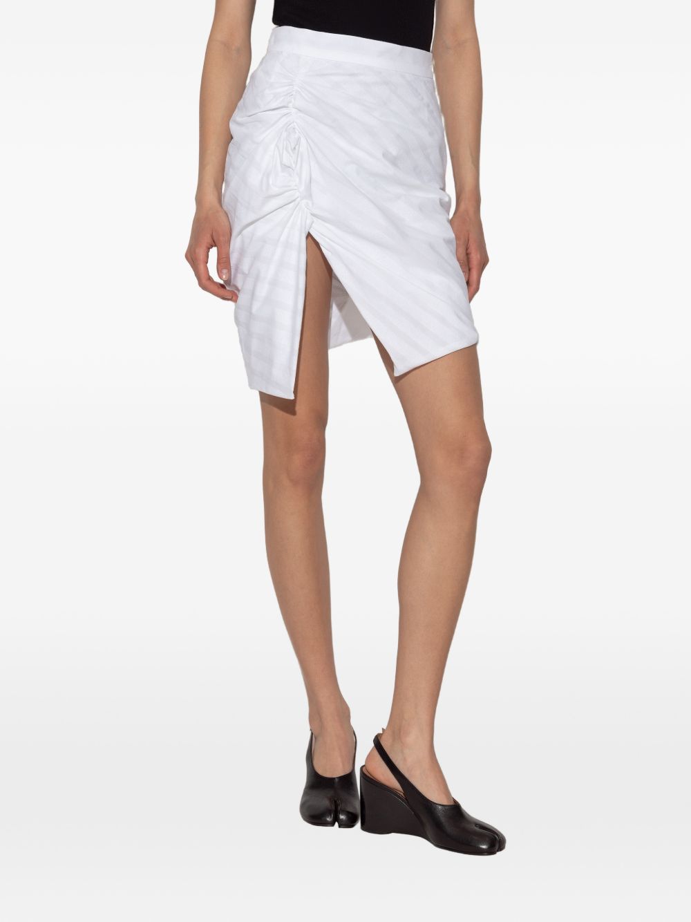 White Striped Cotton Gathered Slit Skirt