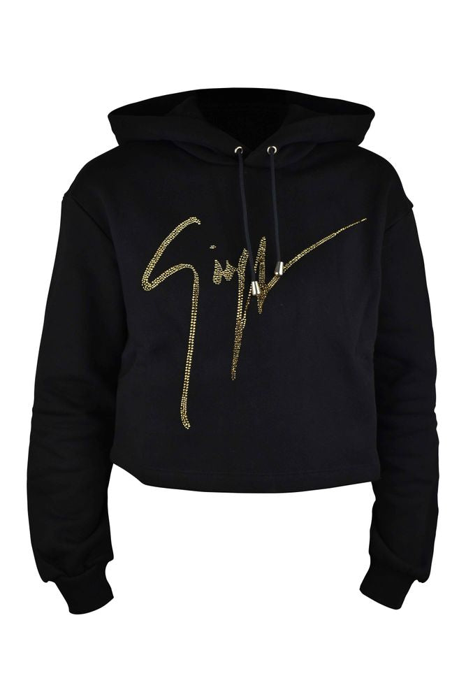 Cropped Black Hoodie With Gold Rhinestone Embroidery