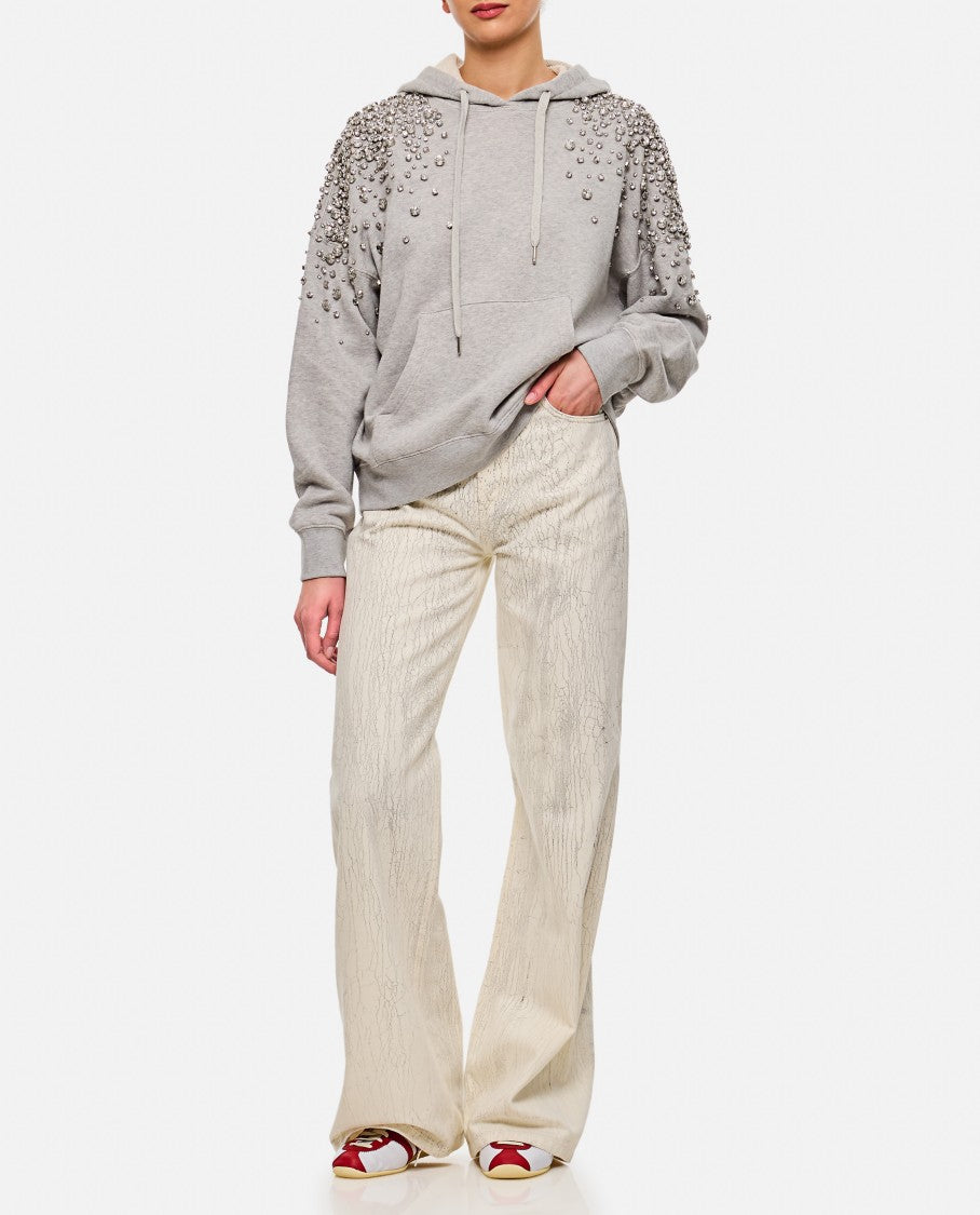 Beige Crepe Pattern Wide Leg Jeans