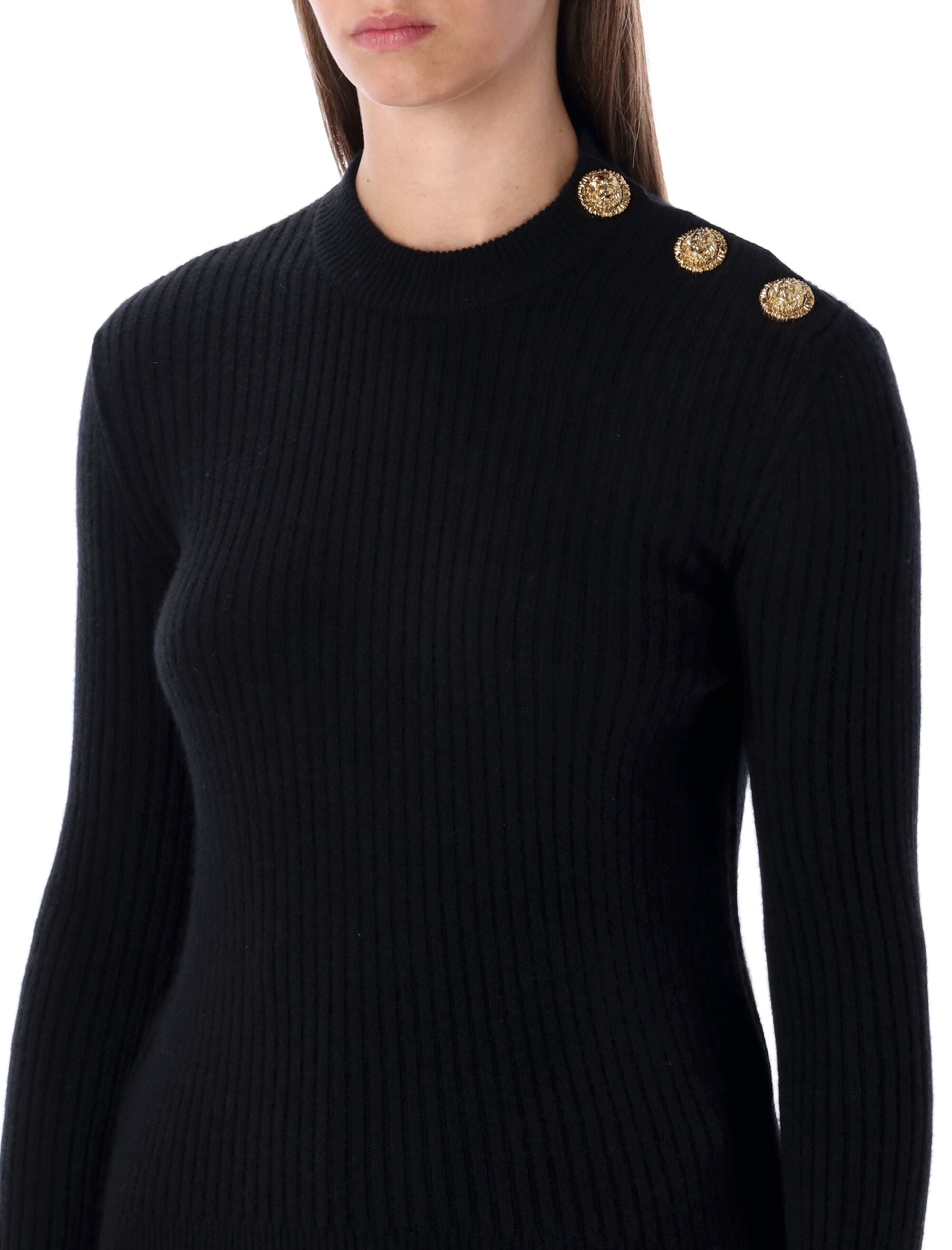 Black Ribbed Wool Sweater With Gold Buttons