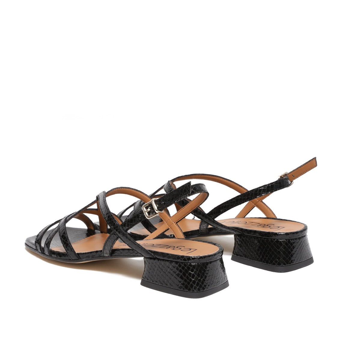 Black Reptile Print Leather Strappy Sandal
