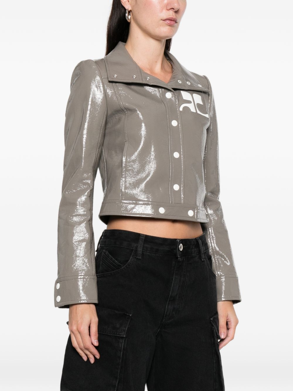 Cropped Grey Jacket with Glossy Patent Finish and Bold Logo