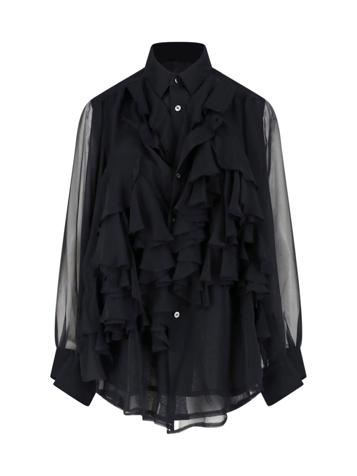 Black Ruffled Long-Sleeve Fabric Shirt