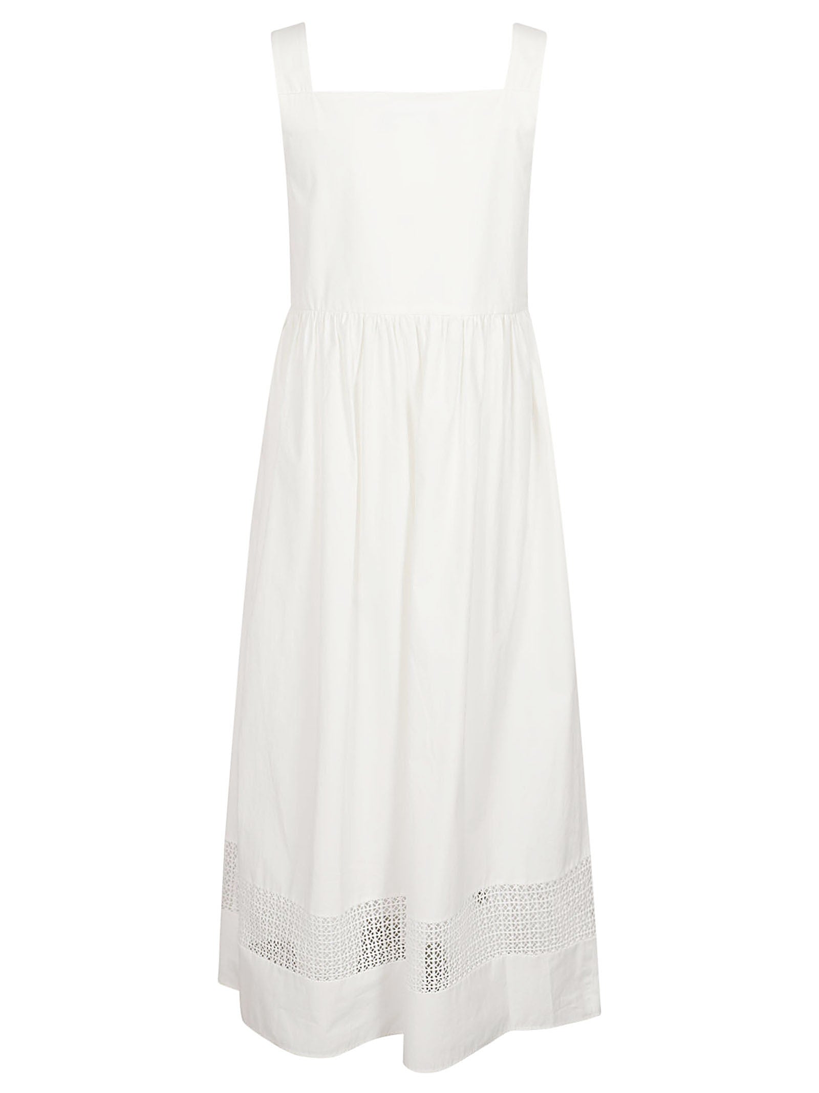 Sleeveless Midi Dress with Gathered Waist and Lace Hem