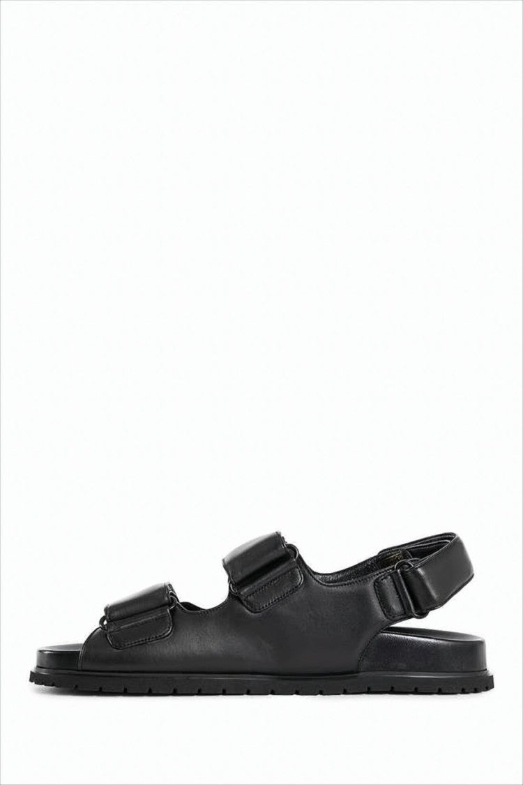 Black Leather Sandals With Adjustable Straps And Metal Logo