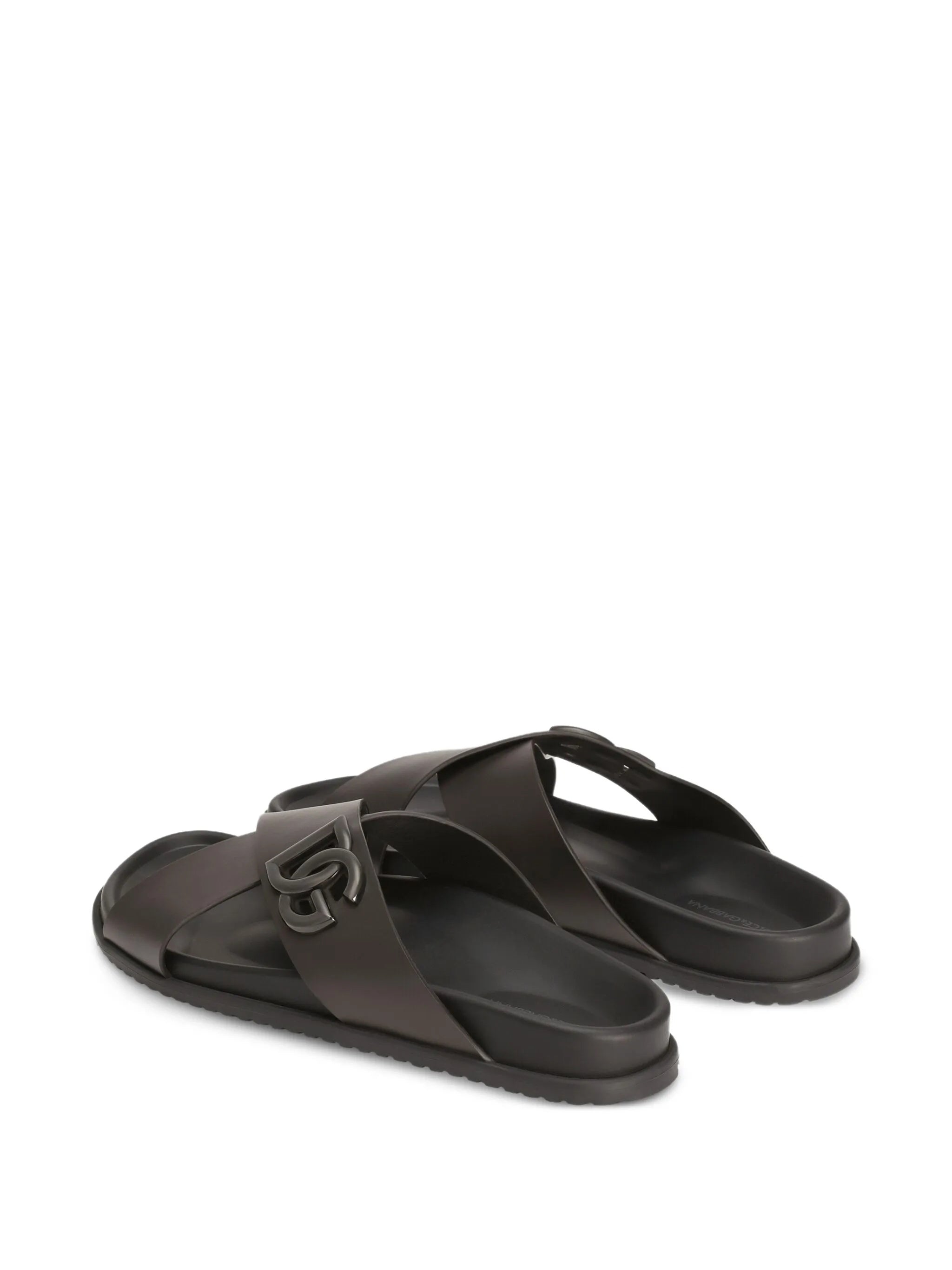 Black Leather Interlocking Logo Slide Sandals