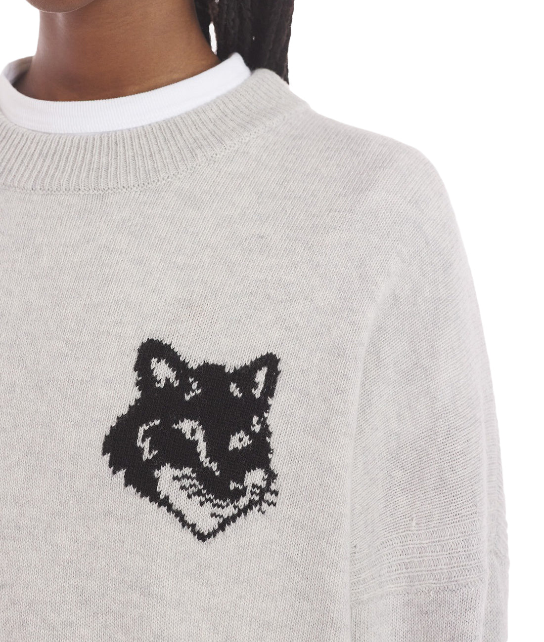 Relaxed Fit Grey Wool Sweater With Iconic Fox Motif