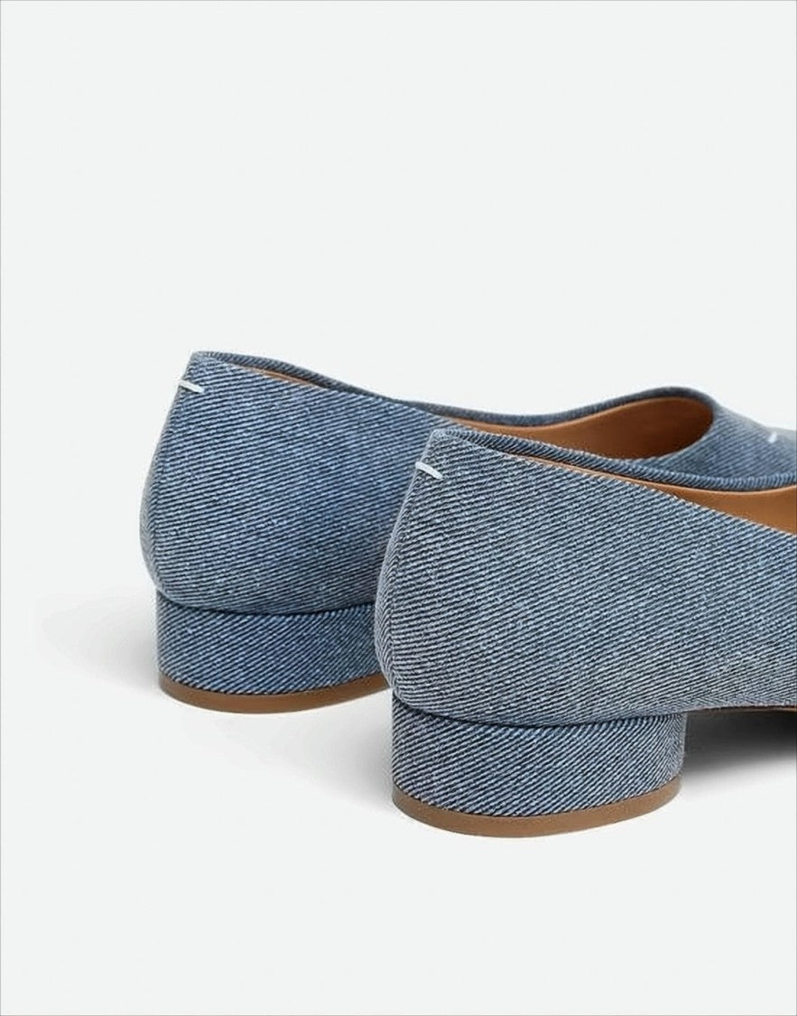 Textured Denim Pointed-Toe Pumps With Low Block Heel