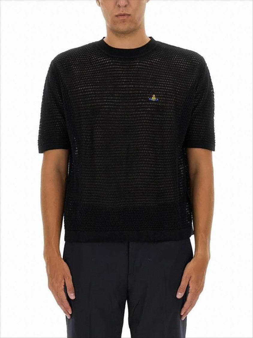 Open-Knit Short Sleeve Sweater with Embroidered Logo