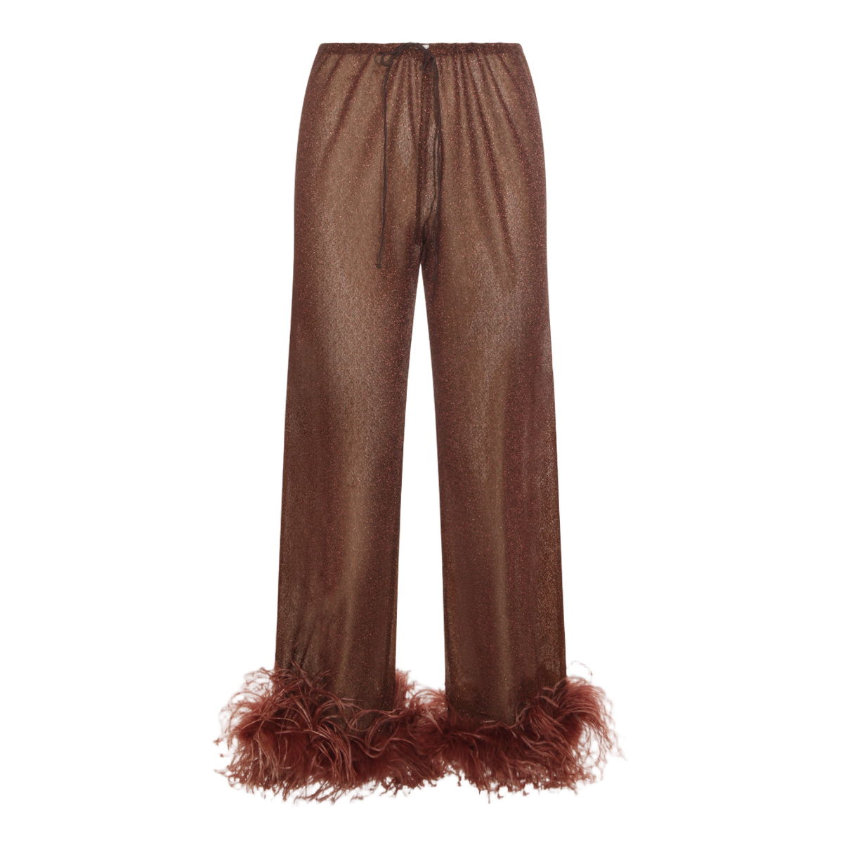 Sheer Brown Trousers with Feather Trim