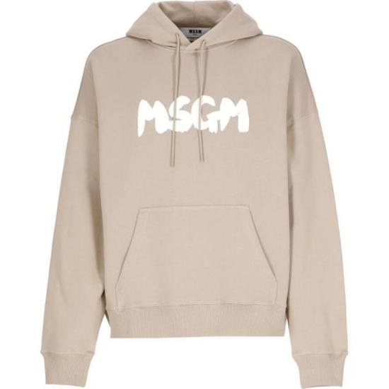 Neutrals Cotton Hoodie with Graphic Logo and Kangaroo Pocket