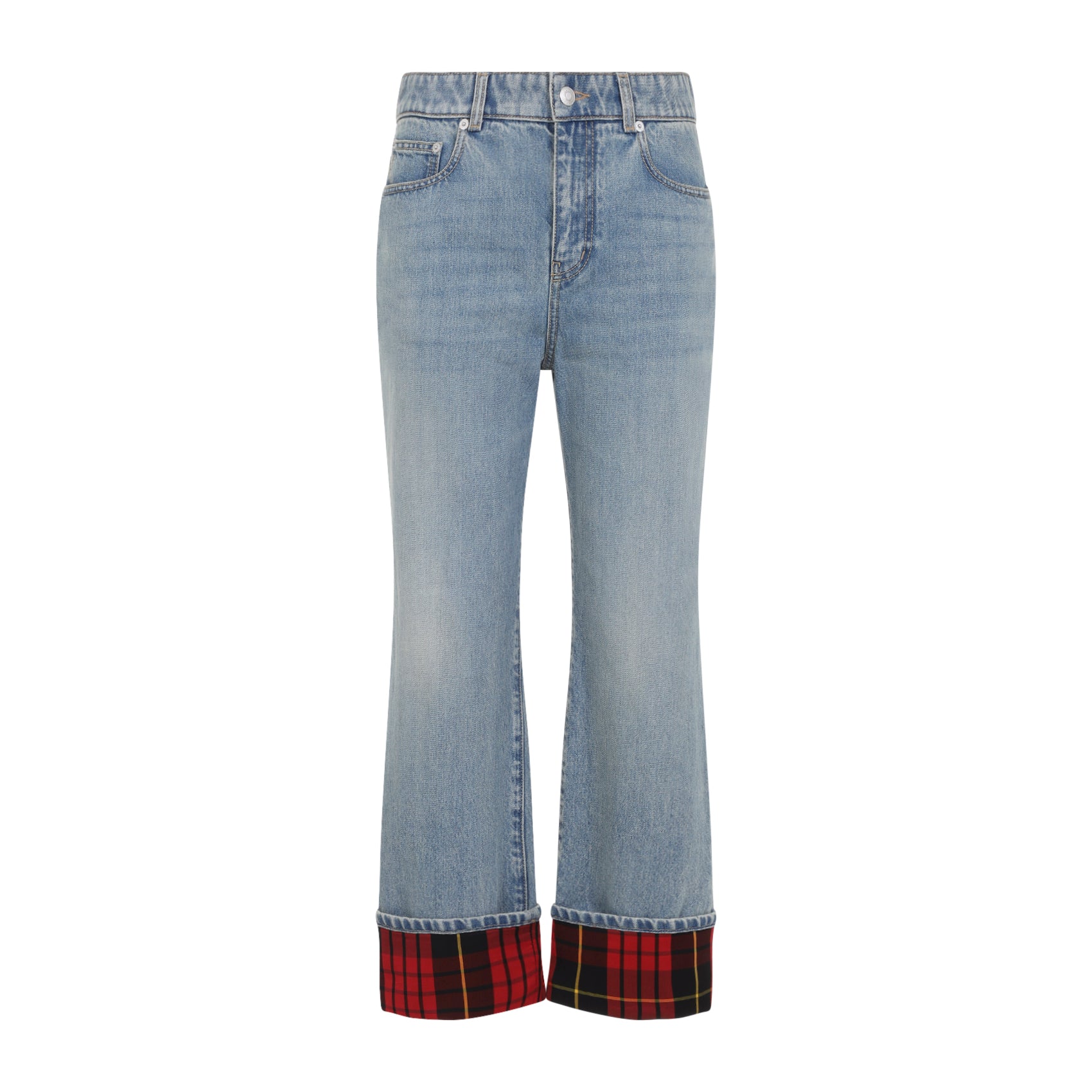 Light Blue Denim Jeans with Bold Tartan Cuffs