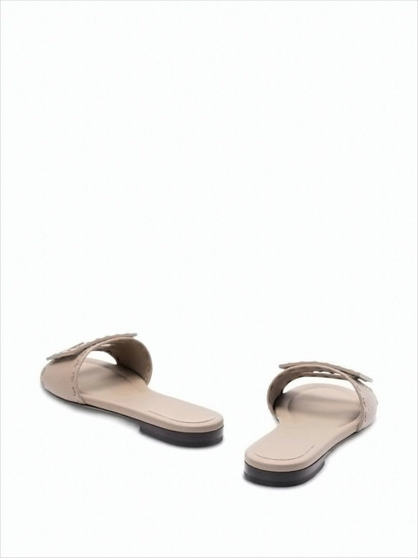 Geometric Buckle Slide Sandals In Textured Calf Leather