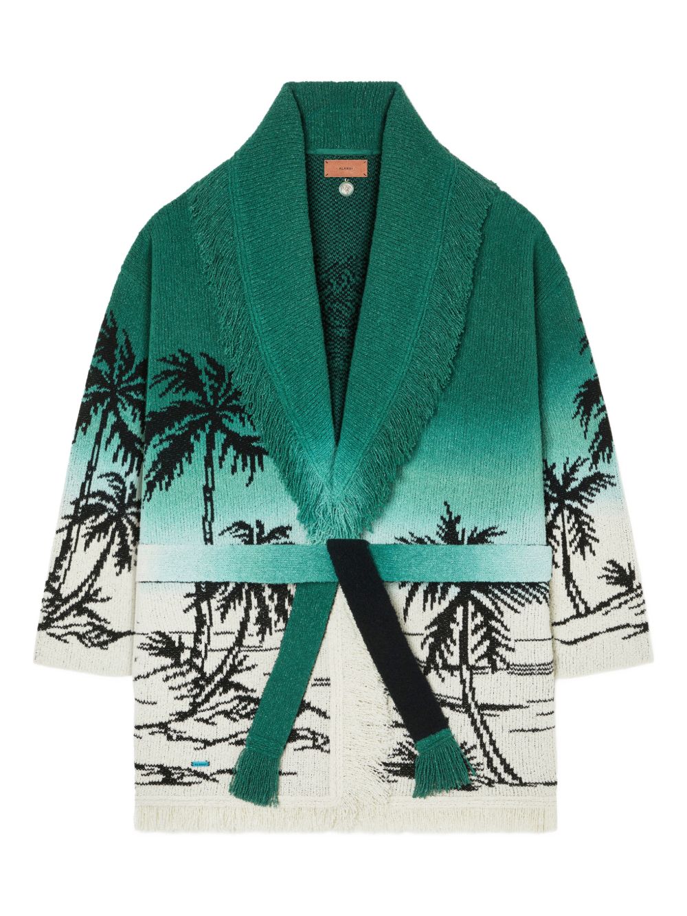 Gradient Knit Sweater With Fringe Shawl Collar