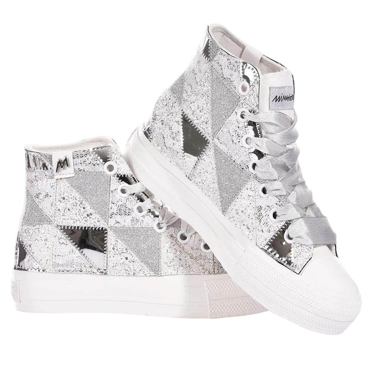 Handmade Silver Patchwork High-Top Sneakers