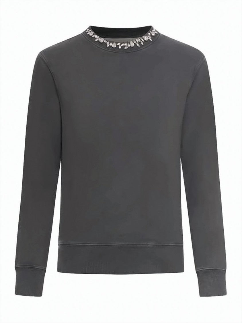 Long-Sleeve Dark Grey Sweatshirt with Metallic Embellishments