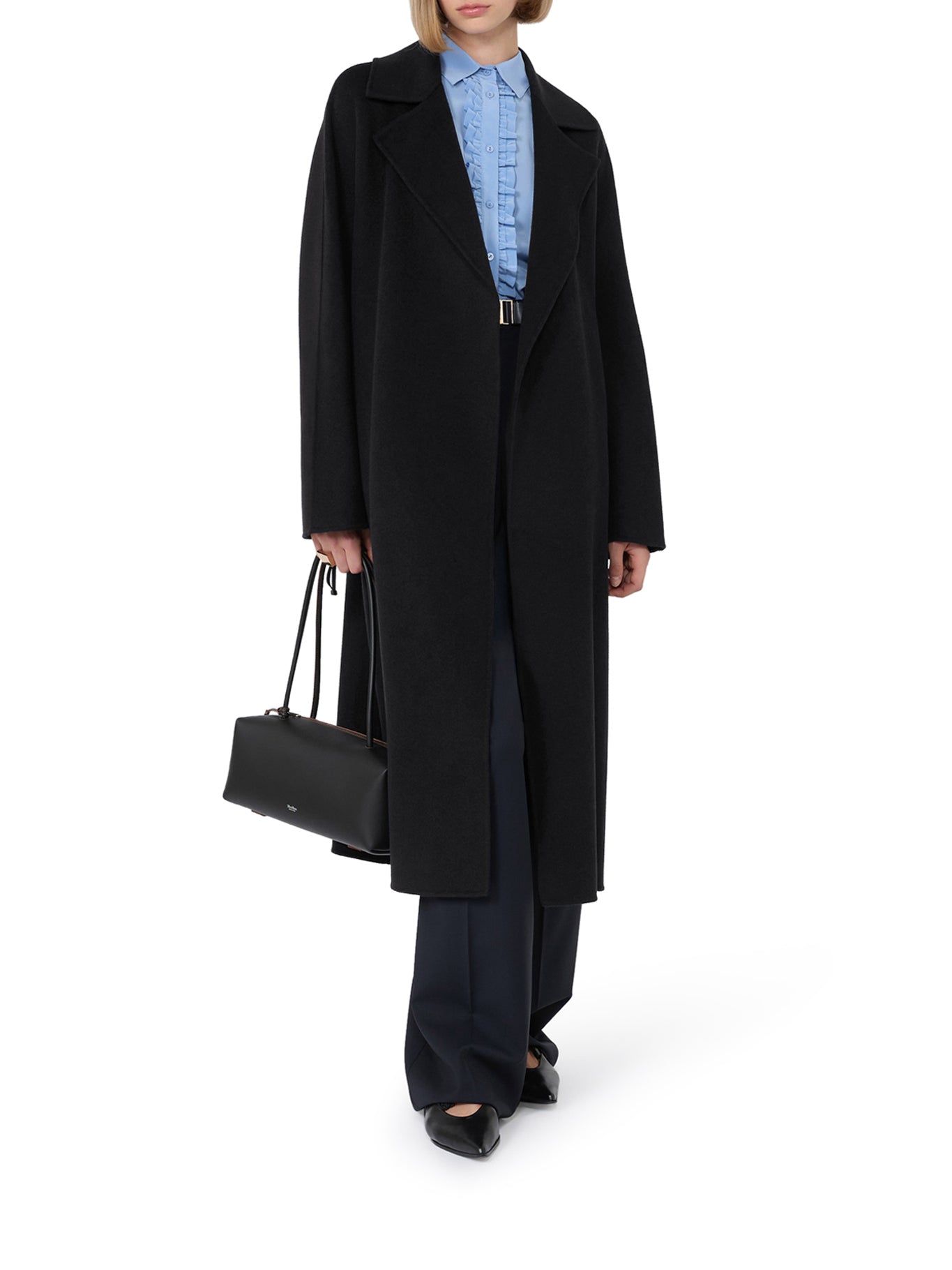 Knee-Length Black Coat with Wrap Design