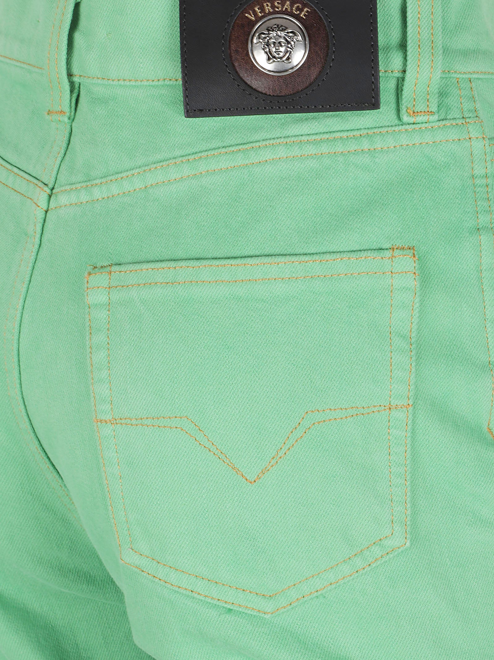 Capri-length Denim Pants with Adjustable Hems and Medusa Emblem