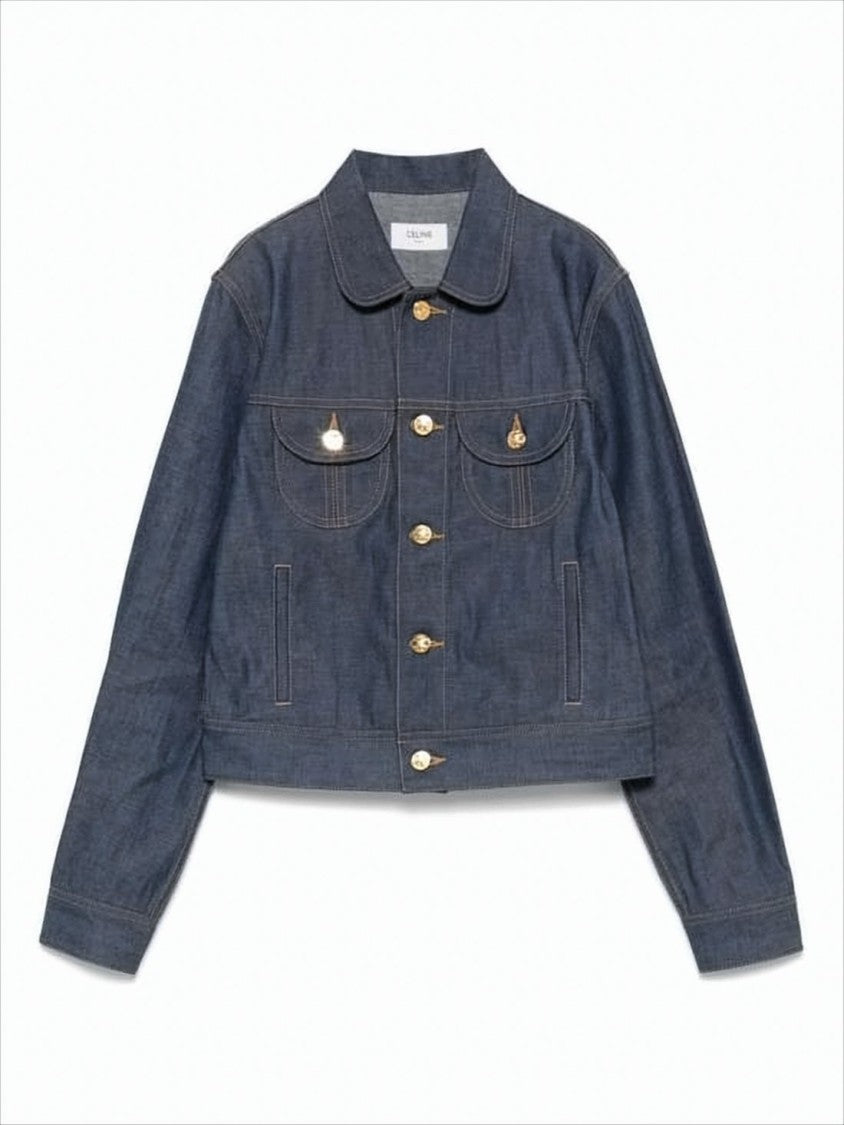 Cropped Denim Jacket With Classic Collar And Gold-Tone Details