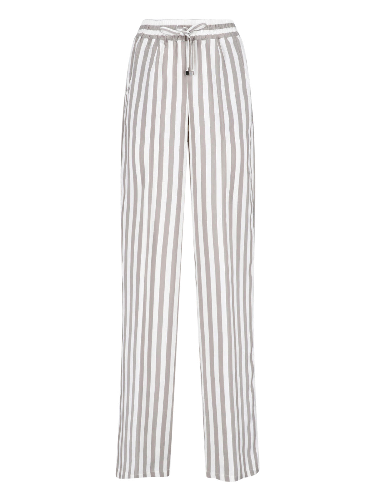 Beige Wide-Leg Vertical Striped Silk Trousers