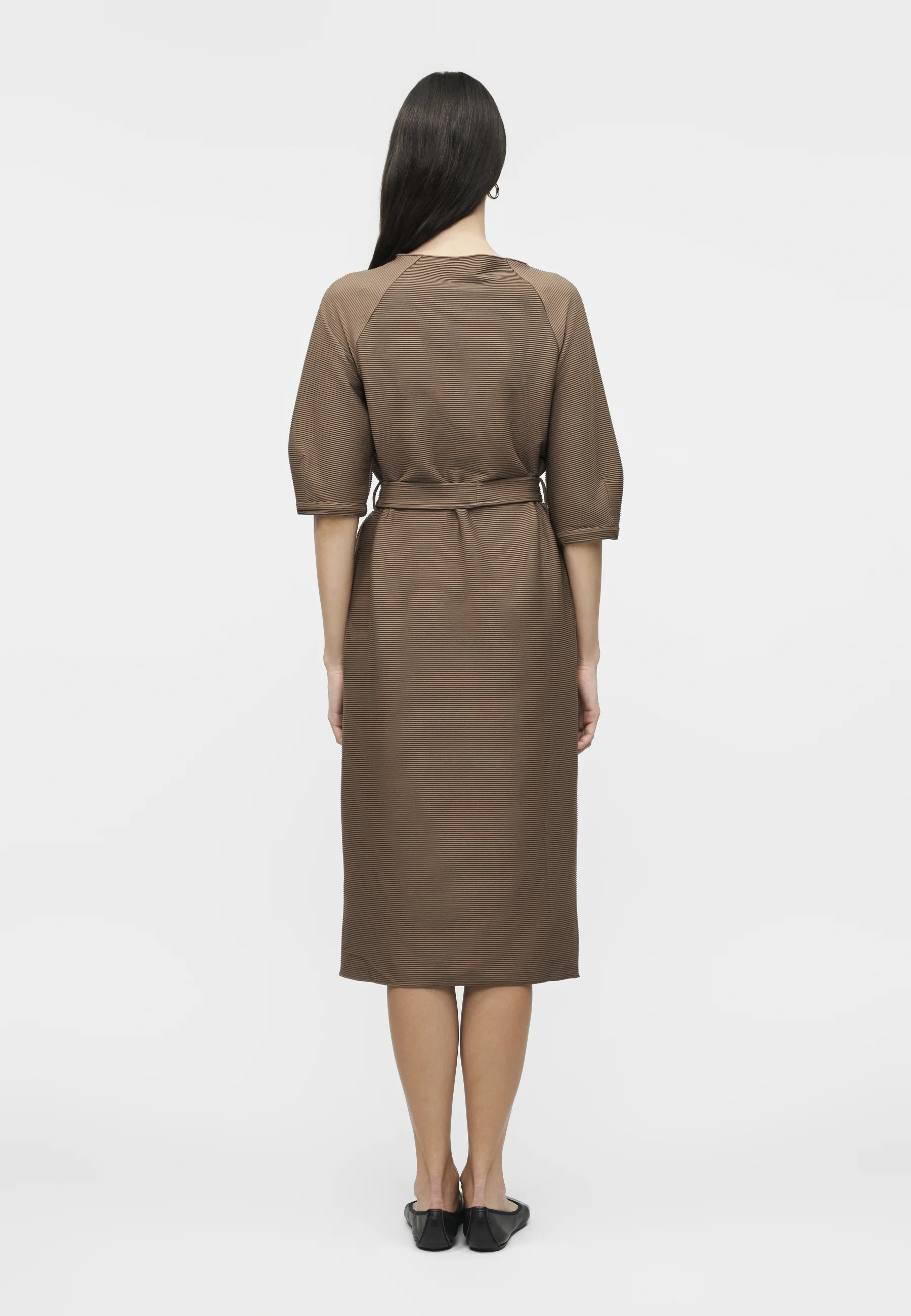 Knee-Length Dress with Elbow-Length Sleeves and Ribbed Texture