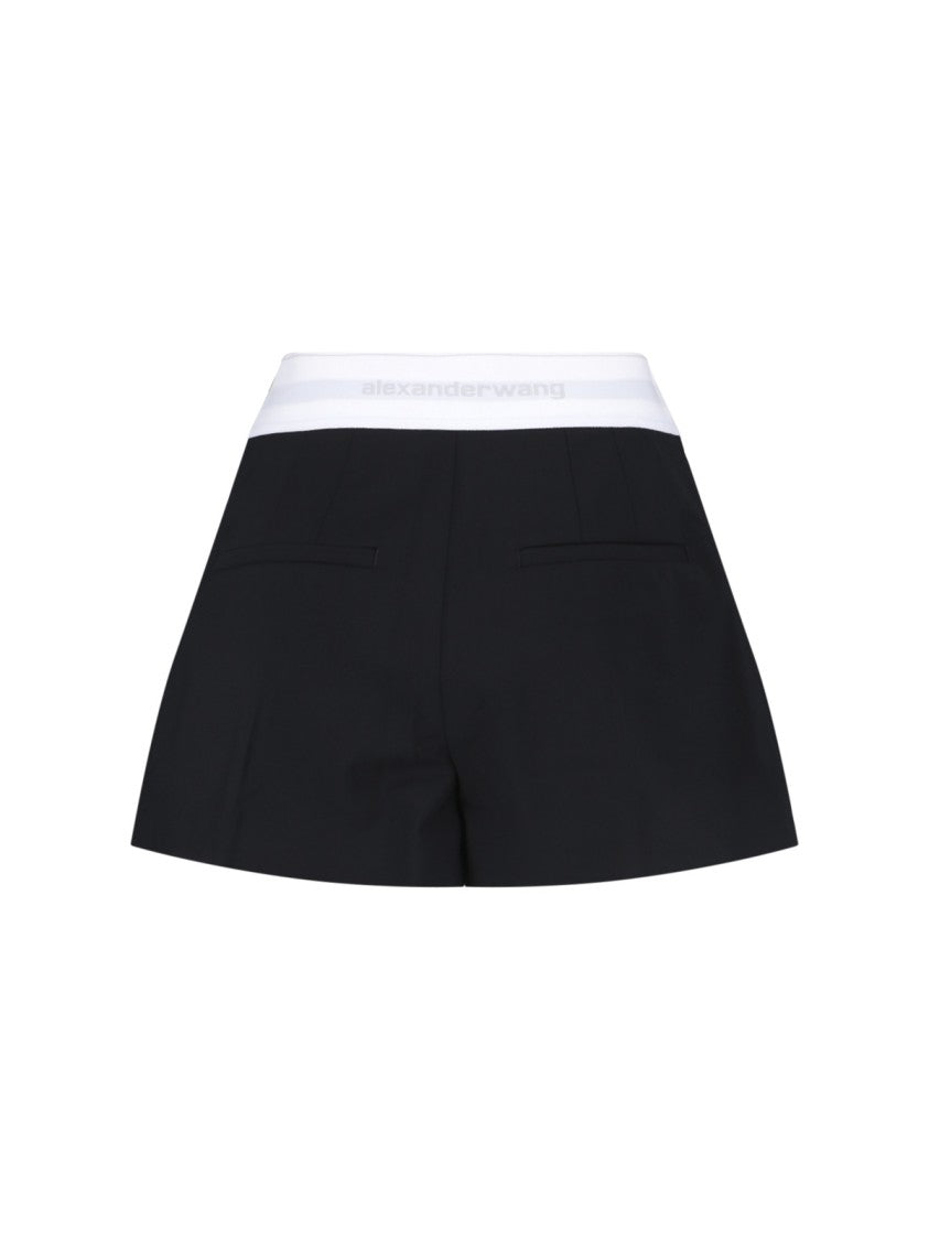 High-Waisted Black Wool Shorts With Elastic Waist