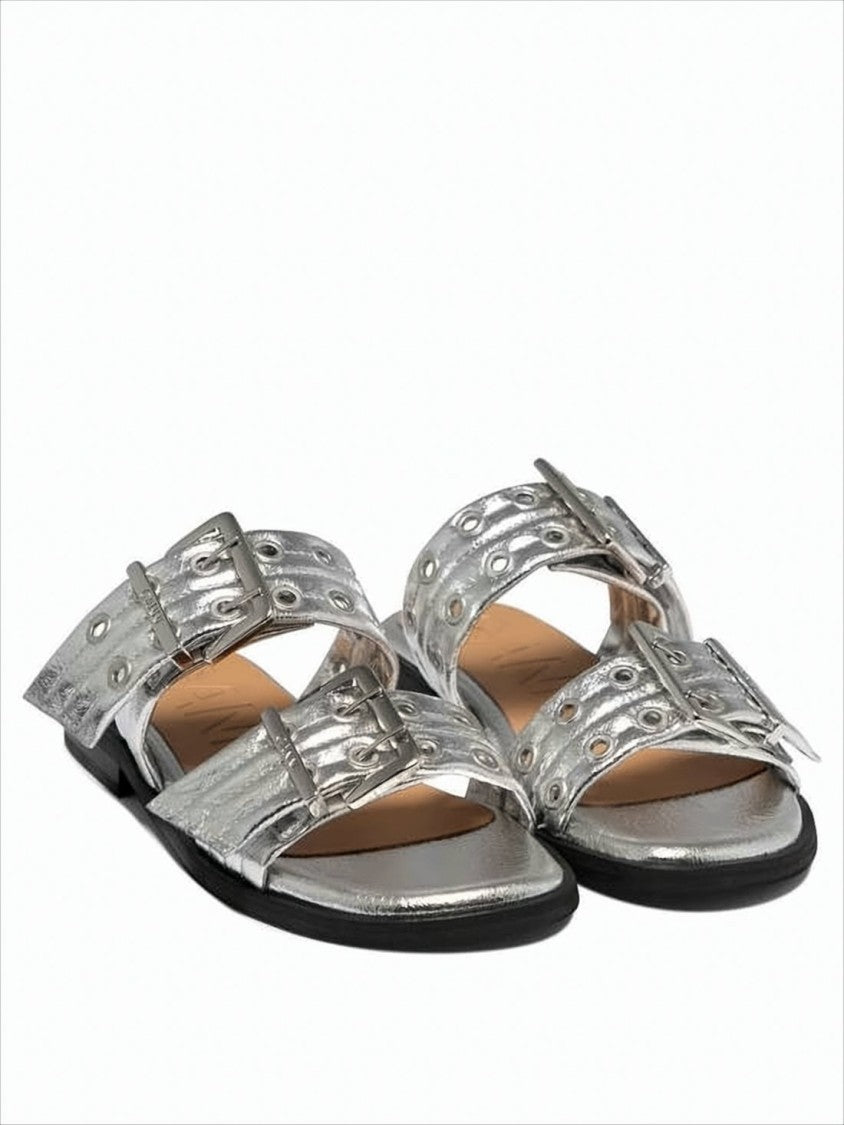 Metallic Silver Flat Mules With Wide Straps And Buckle Accents