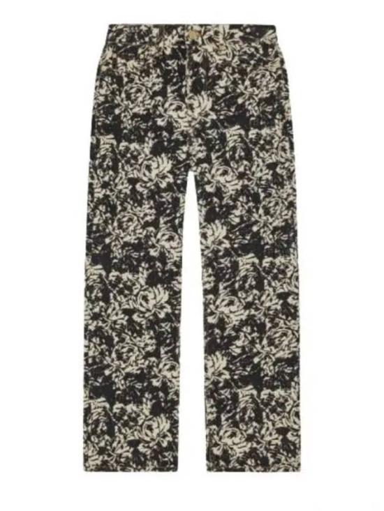 Cropped Straight-Leg Denim Pants with Abstract Floral Pattern