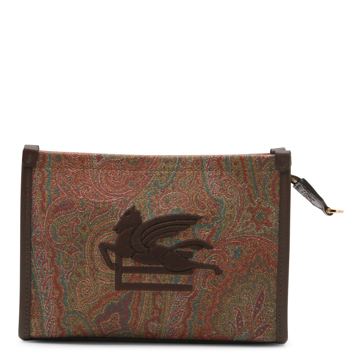 Paisley-Patterned Brown Cotton Pouch with Embroidered Logo