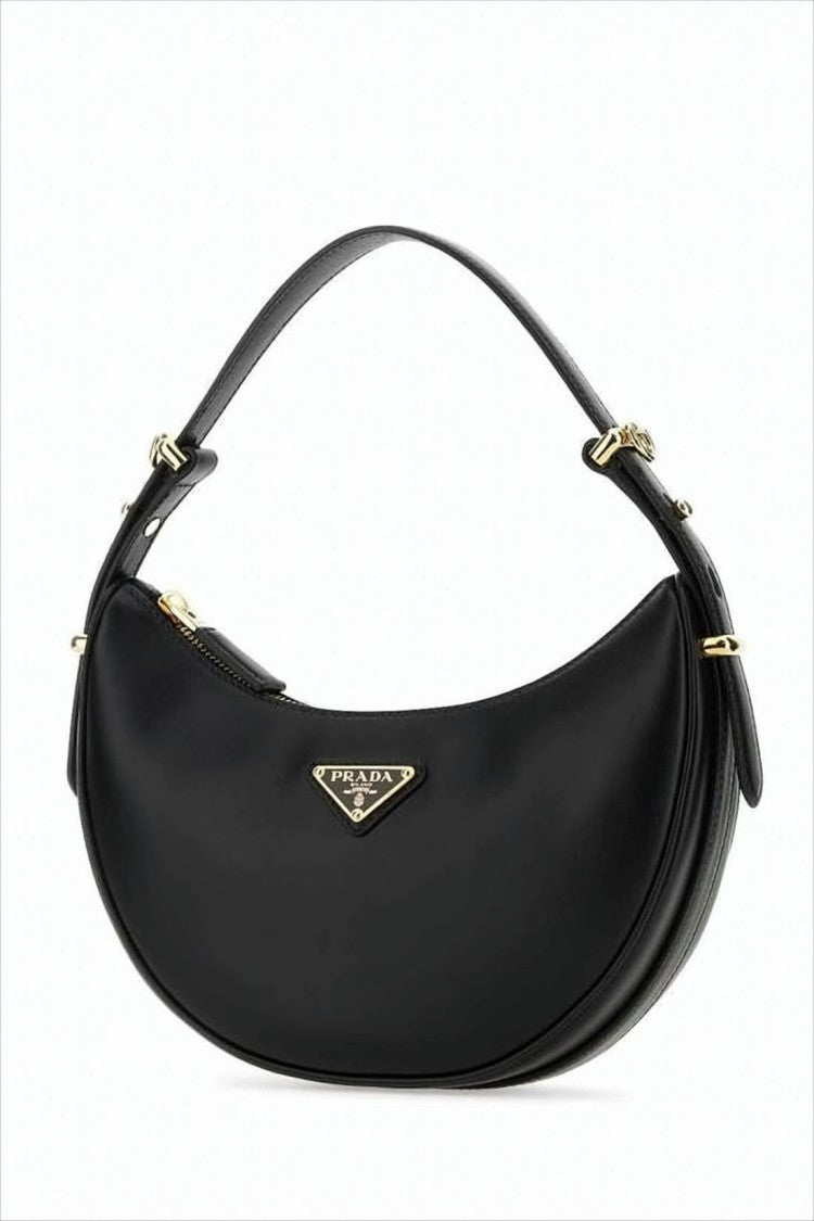 Crescent-Shaped Leather Shoulder Bag With Gold-Tone Accents