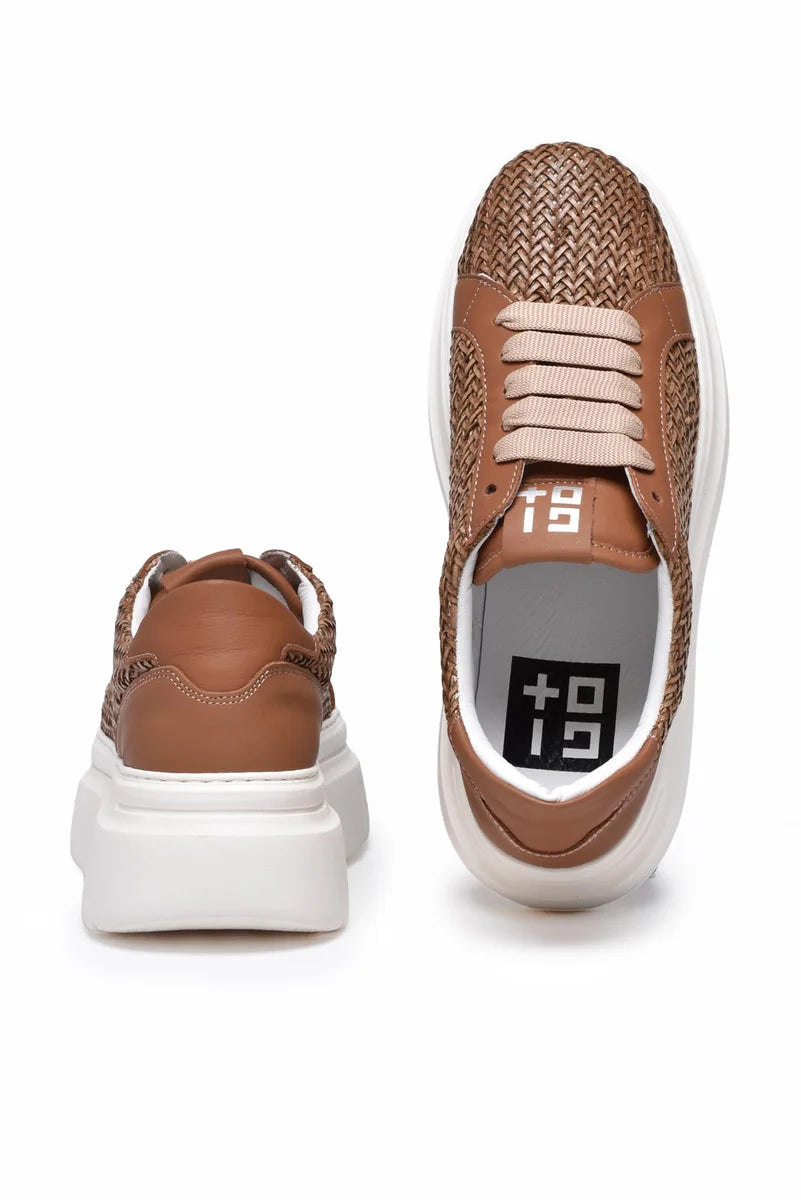 Leather Wedge Sneakers - Brown