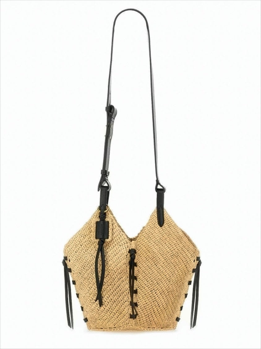 Woven Raffia Shoulder Bag with Black Leather Accents