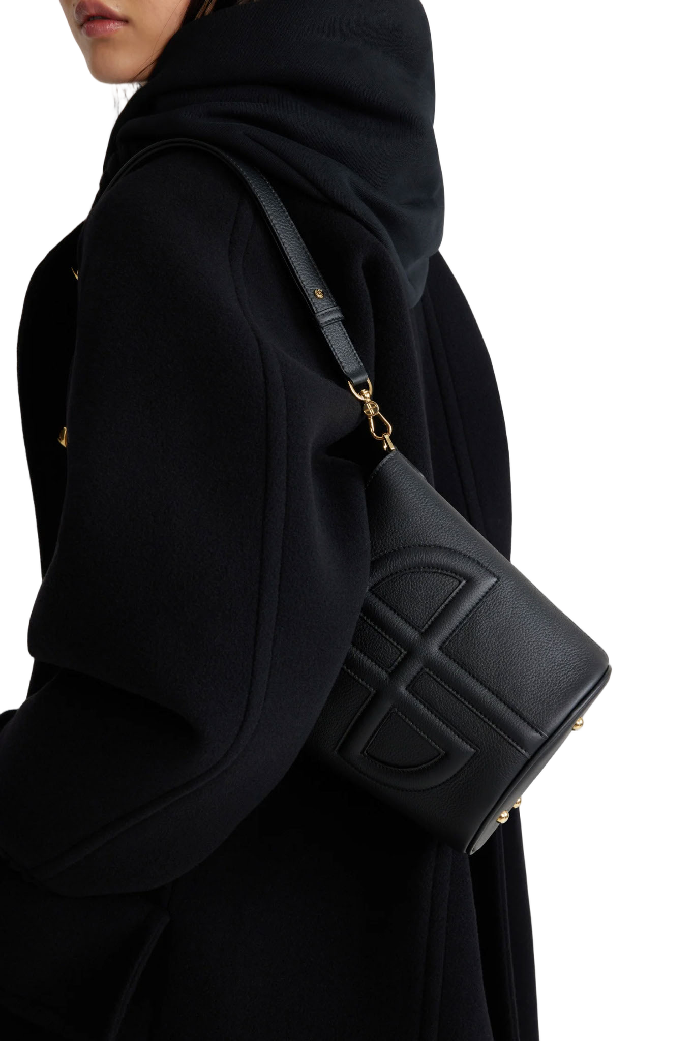 Small Black Grained Leather Bucket Bag