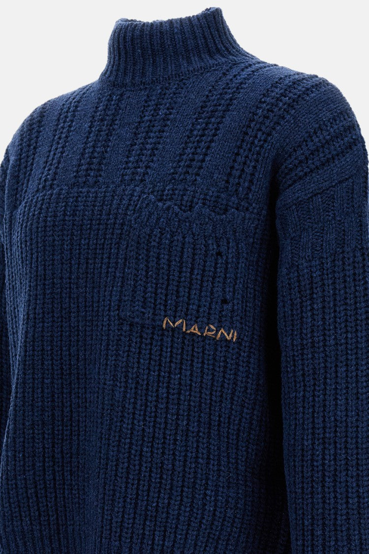 High-Necked Cable-Knit Wool Jumper With Logo Detail