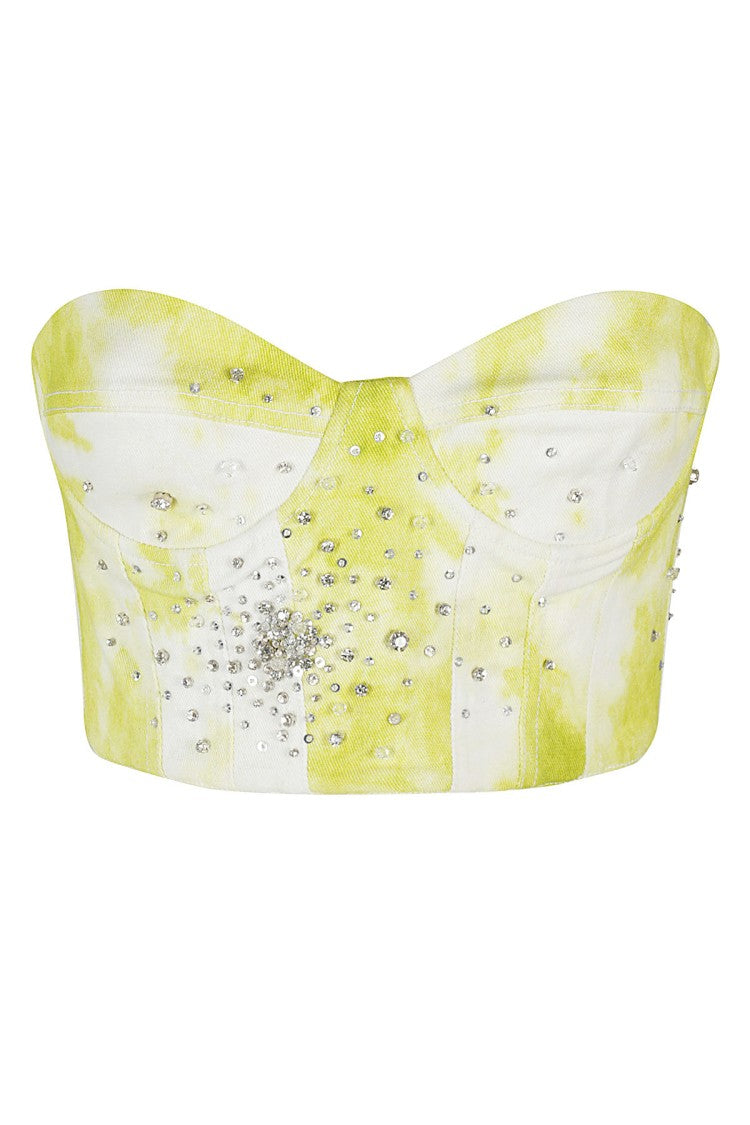Tie Dye Embroidered Denim Bustier With Sweetheart Neckline