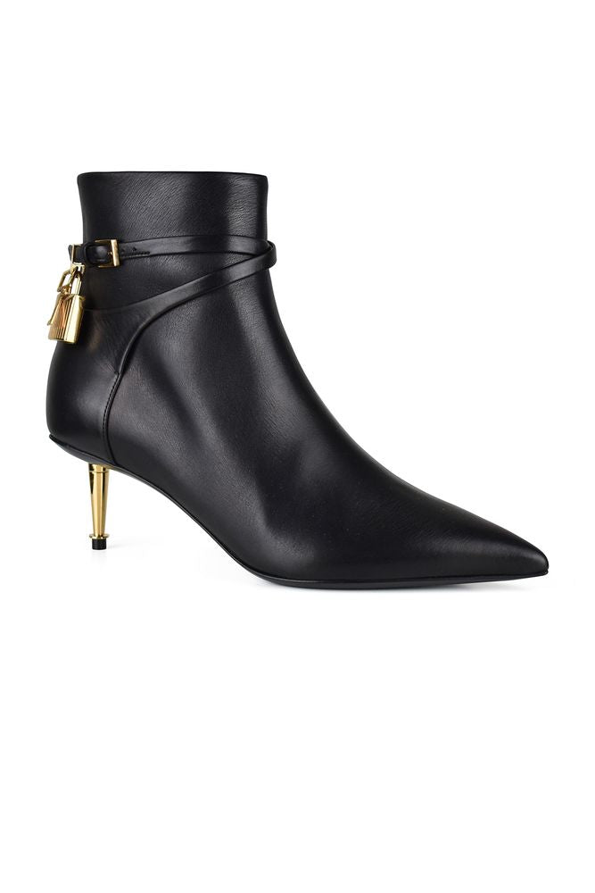Pointed Black Leather Ankle Boots With Gold Lock Charm