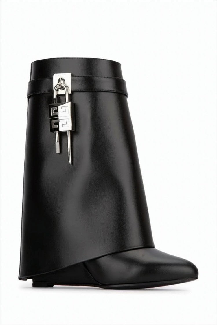Flared Black Leather Boots with Silver-tone Padlock Detail