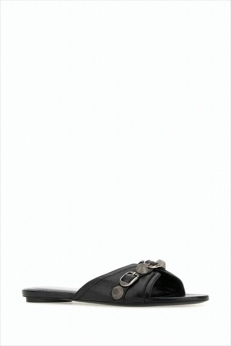Flat Black Mule Slipper with Metallic Buckle Details