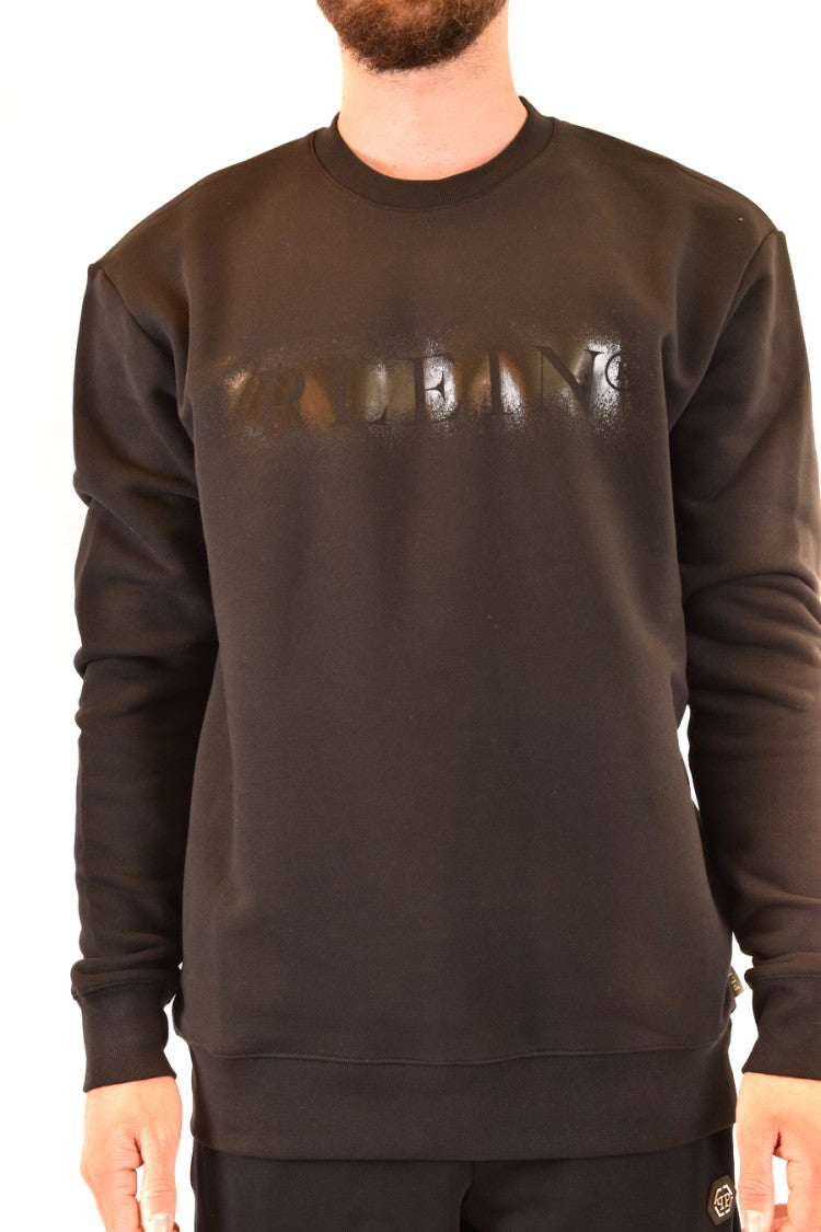 Glossy Embossed Black Sweatshirt With Crew Neck