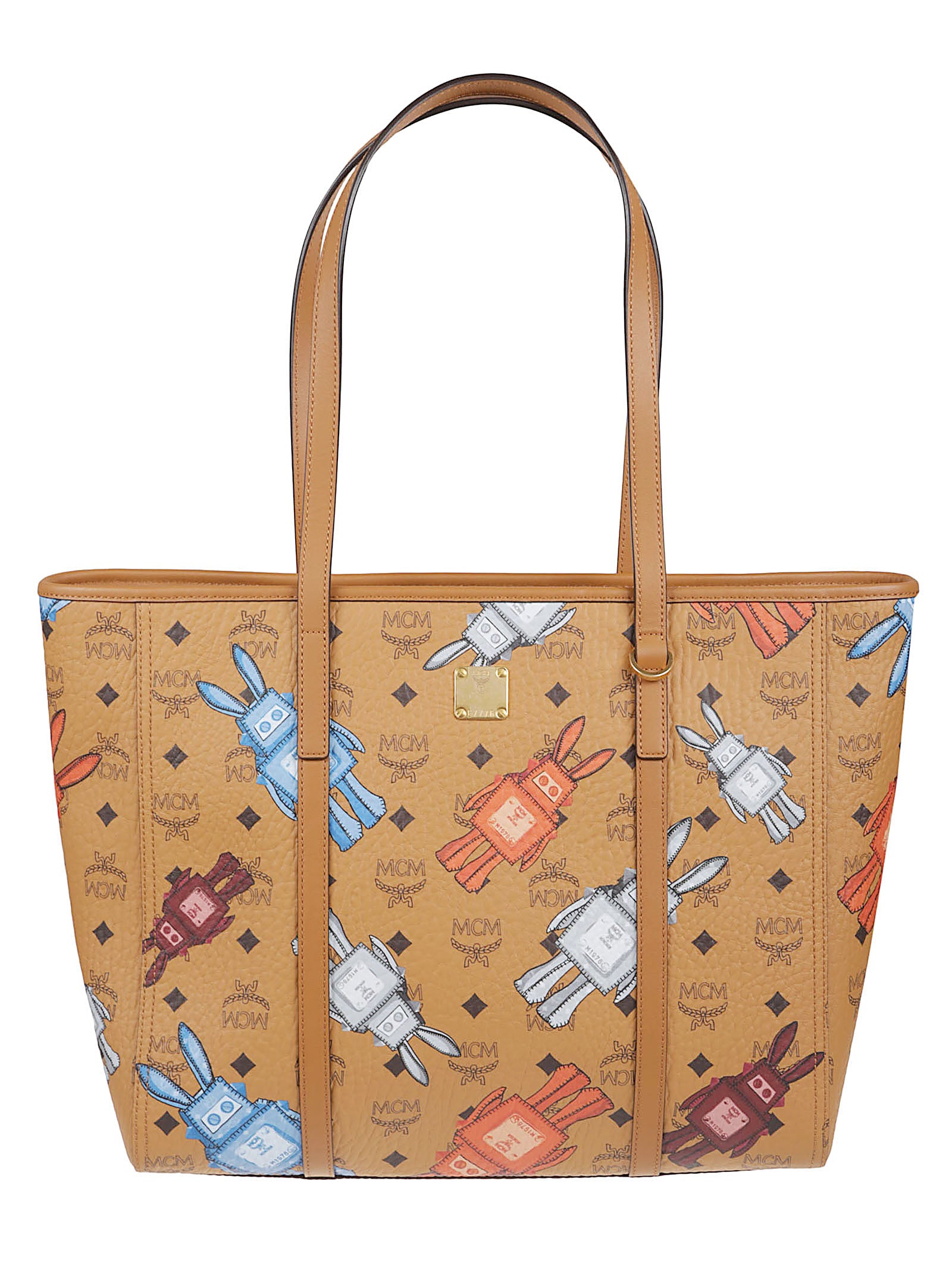 Structured Tote Bag with Colorful Robot Pattern and Leather Trims