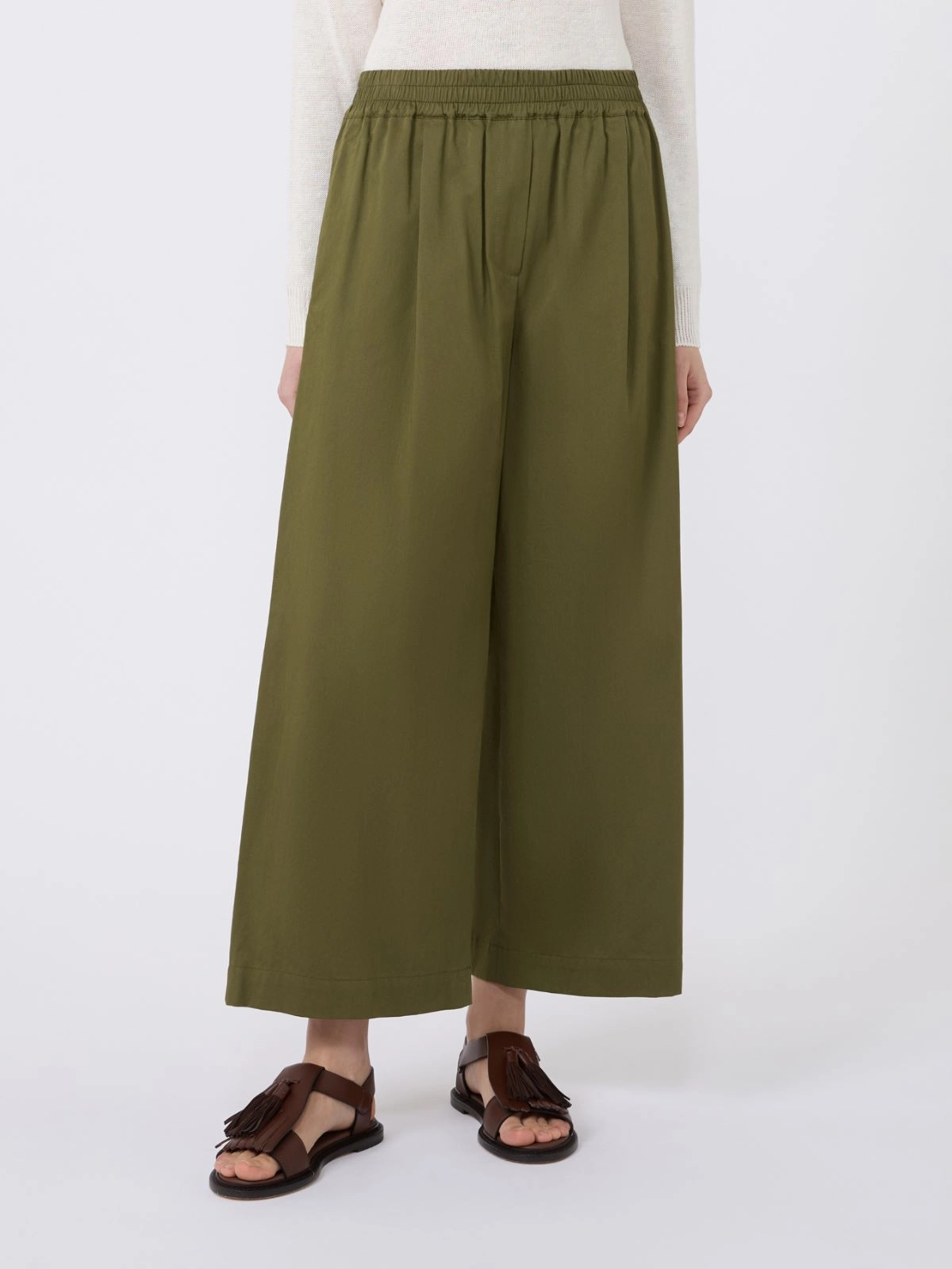 Pleated Wide-Leg Cropped Pants with Comfortable Elastic Waistband