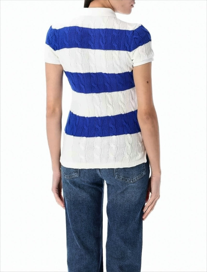 Short-Sleeved Knit Top With Polo Collar And Cable Knit Texture