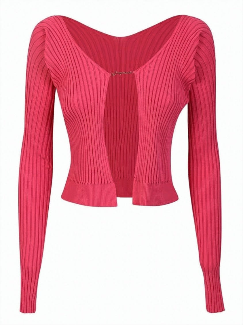 Cropped Knit Cardigan with Deep V-Neck and Unique Closure