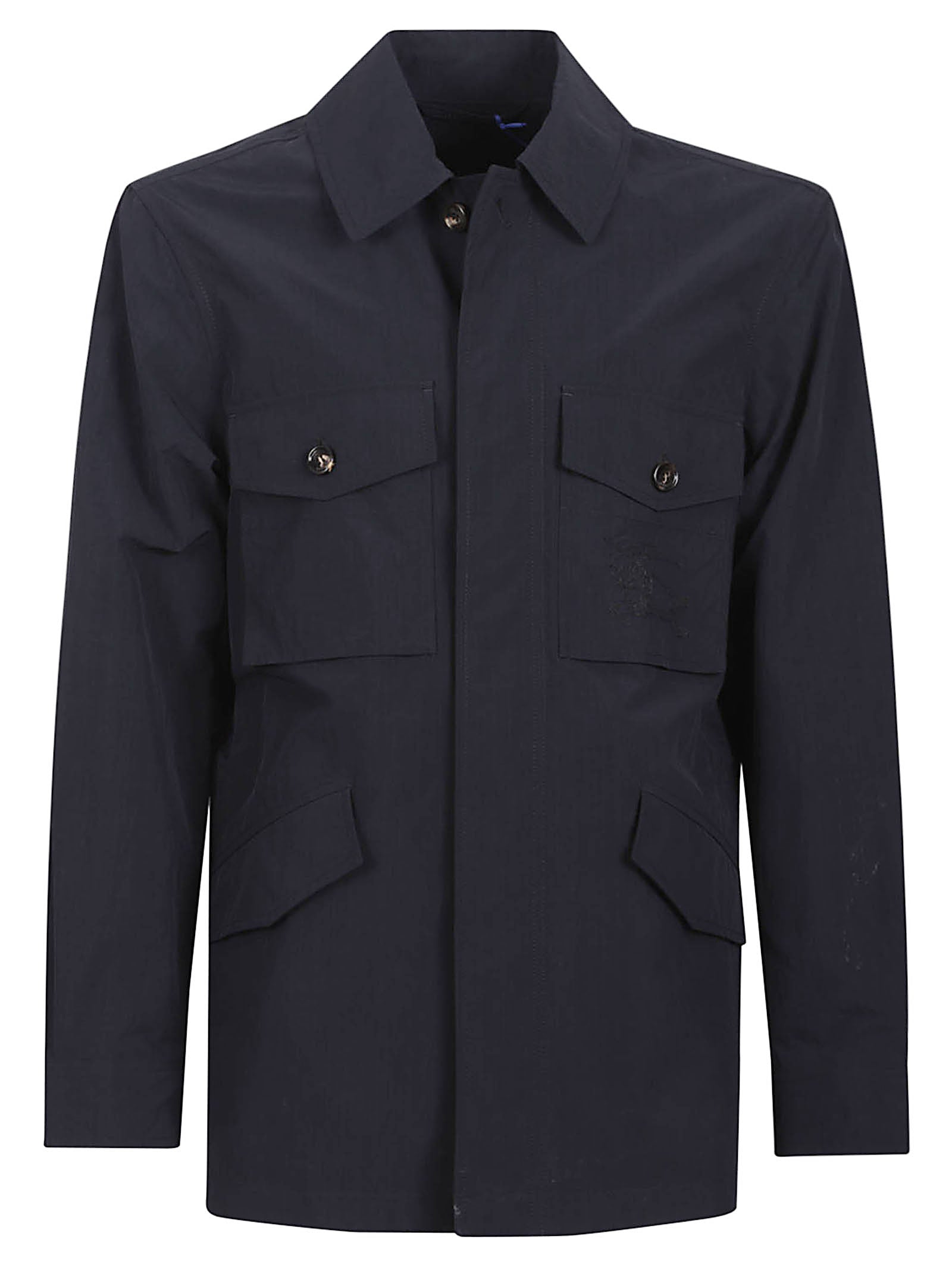Structured Blue Polyamide Coat with Classic Collar