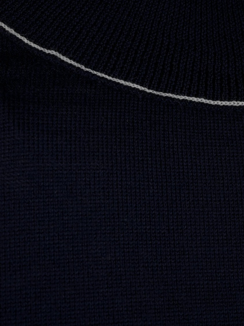 Fitted Knit Top With High Neckline And Contrast Stitching