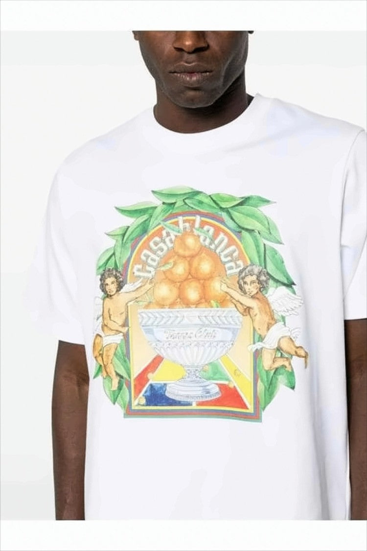 White Short-Sleeve T-Shirt With Cherub Graphic Print