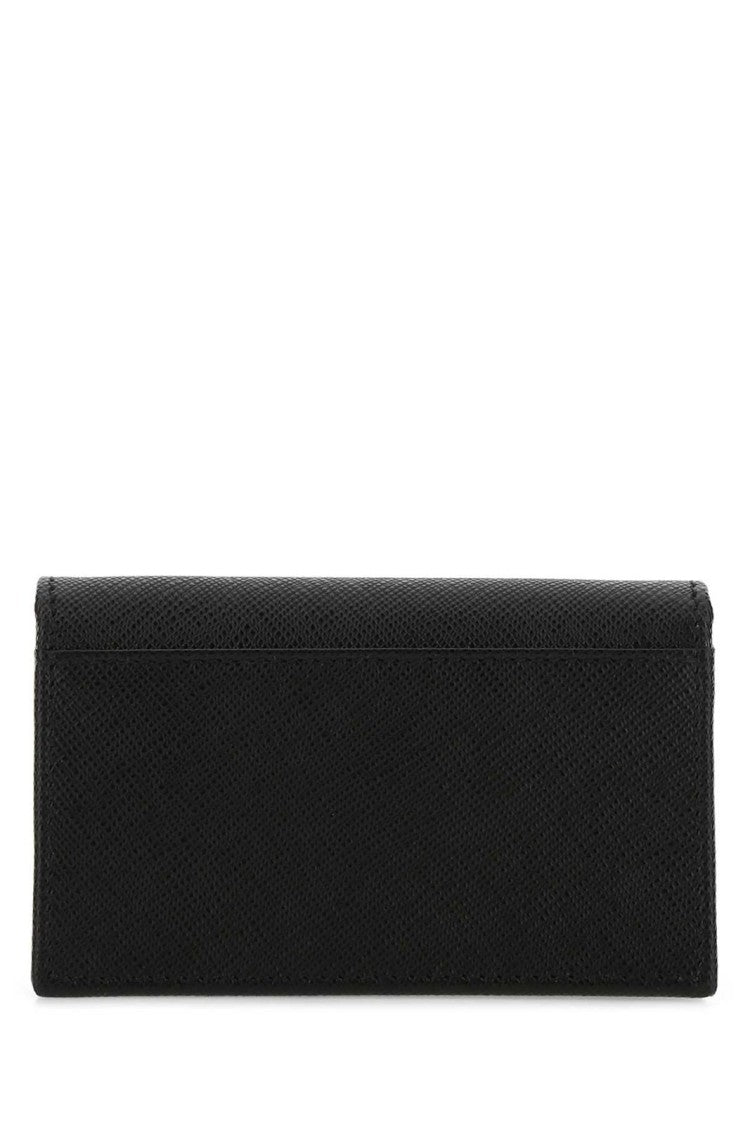 Textured Black Card Wallet With Triangular Metal Logo