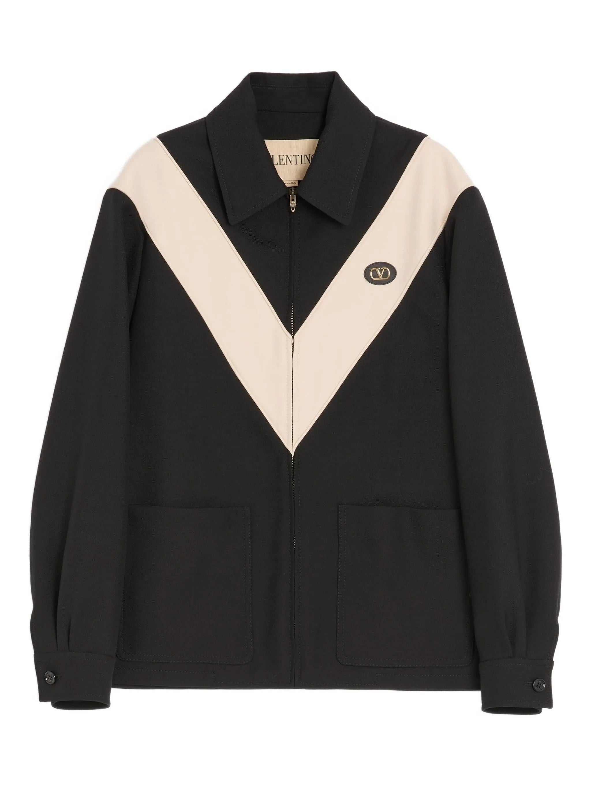 Black V-Shaped Contrast Panel Zip Jacket